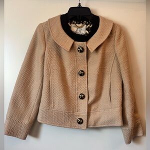 Milly NY Wool Silk Cropped Jacket Size 4 Beige Textured Gold Button Blazer